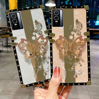 Yjd เคสโทรศัพท์มือถือ ขอบตรง กันกระแทก ลายผีเสื้อ ประดับเพชร สําหรับ Vivo Y77 Y76 Y76S Y35 Y22 Y16