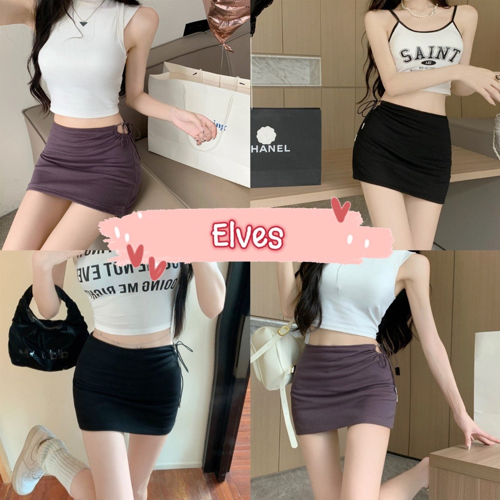 Elves พร้อมส่ง กระโปรงเอวสูง ดีเทลสายรูดเว้าเอวเล็ก มีกางเกงซับบางๆ สายปรับเอวเข้าได้ ~2337~ -NZ-XM