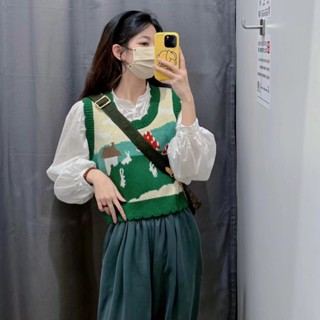 เสื้อกล้าม คอวี ผ้าถัก สีเขียวหวาน สําหรับผู้หญิง