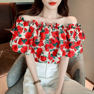 Iceyyijingsa เสื้อเปิดไหล่ พิมพ์ลายดอกไม้ สไตล์โบโฮ แฟชั่นฤดูร้อน สําหรับผู้หญิง