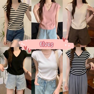 Elves✨พร้อมส่ง✨ เสื้อไหมพรม คอวีสีพื้น แขนกุดดีเทลรูดข้าง ปรับสั้นยาวได้ ~51099~ -C