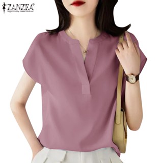 Zanzea เสื้อเบลาส์ คอวี แขนสั้น สีพื้น วันพีช สไตล์เกาหลี สําหรับผู้หญิง