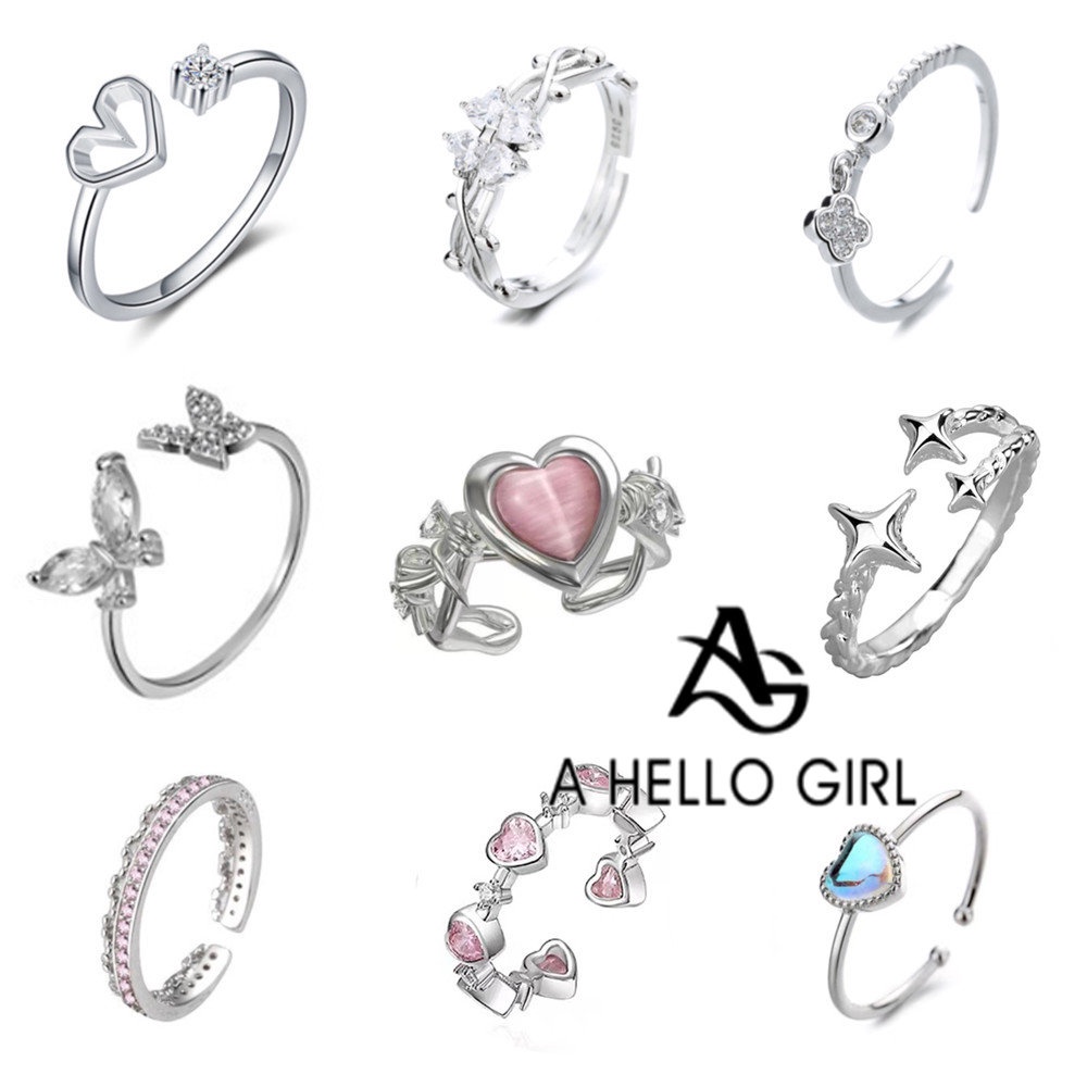 แหวนปรับเปิดดาวแฟชั่นเกาหลี พลอยเทียม สีชมพูเรียบง่ายสําหรับผู้หญิง