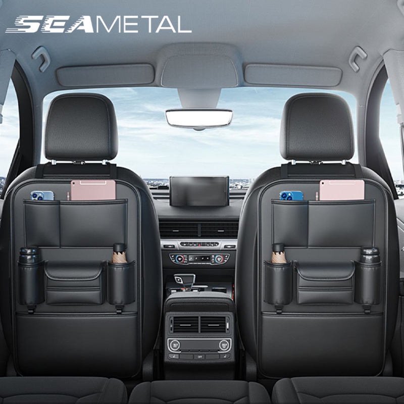SEAMETAL ที่เก็บของหลังเบาะรถยนต์ PU กระเป๋าหลังเบาะรถ การวางแท็บเล็ตพีซี โทรศัพท์มือถือ มี กล่องกระดาษทิชชู่ ที่วางแก้ว ป้องกันการเตะ กระเป๋าใส่ของหลังเบาะรถยนต์