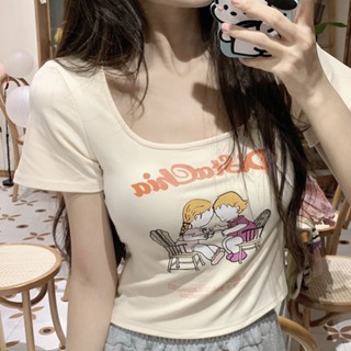 🧡Crush🧡 เสื้อยืดแขนสั้น เสื้อยืดคอกลม พิมพ์การ์ตูน เสื้อยืด Slim Fit เสื้อยืดสไตล์เกาหลี