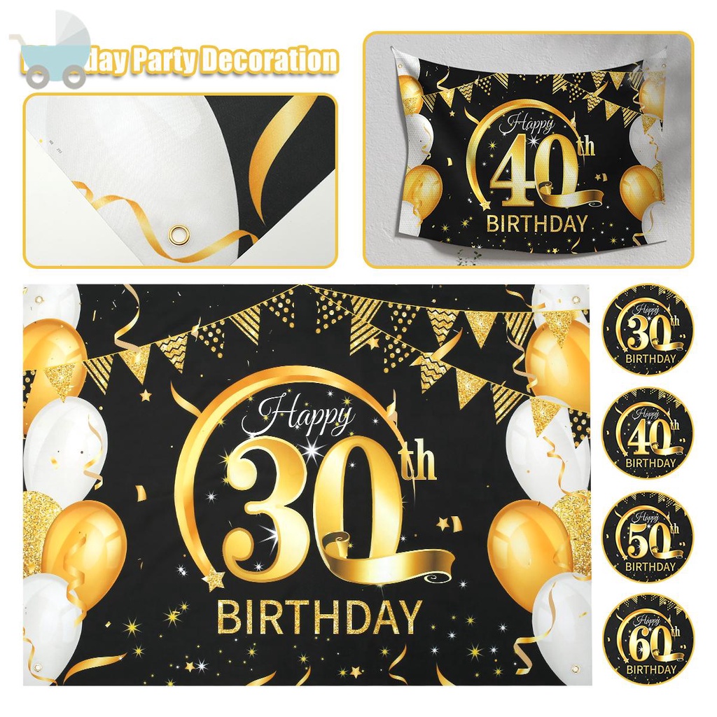 30th 40th 50th 60th ขนาดใหญ่ Happy Birthday แบนเนอร์สีดําทองวันเกิดพื้นหลังตกแต่ง 80 x 120 ซม.วันเกิ