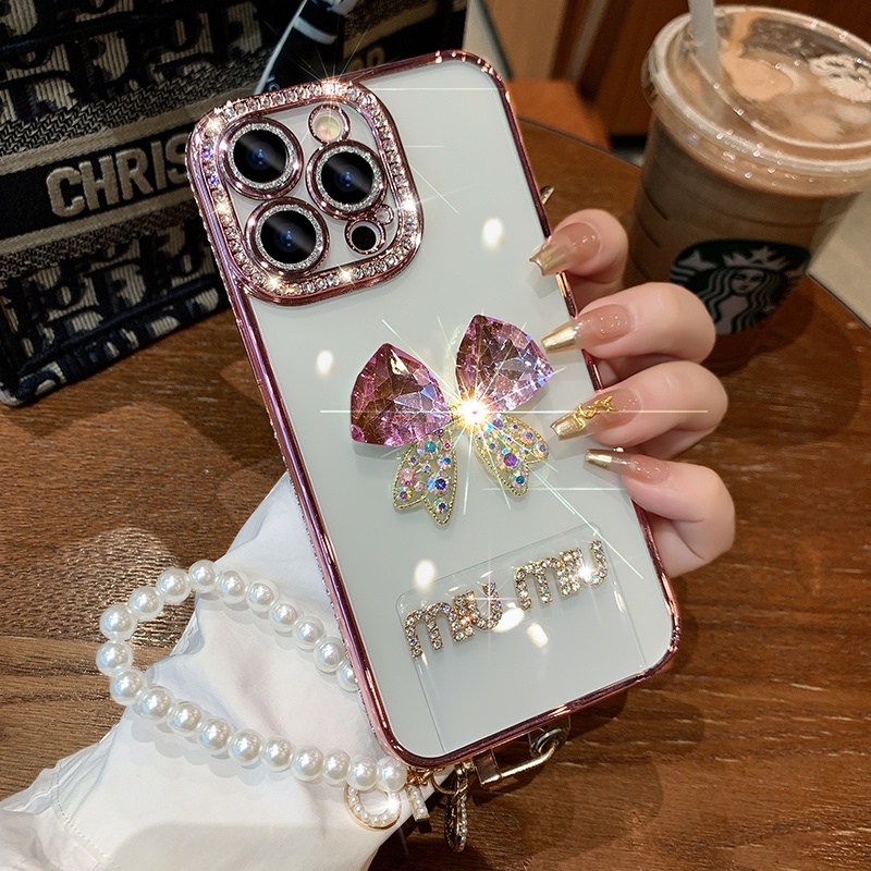 สร้อยข้อมือมุกประกายเพชรเคสโทรศัพท์สําหรับiphone 16 11 12 13 14 15 Pro max 15 16 plus XR XS max Anti DROPเลนส์ป้องกันTPU soft Shellเคสโทรศัพท์
