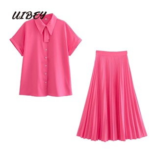 Uibey เสื้อเชิ้ตคอปก แขนสั้น และกระโปรงพลีท เอวสูง 4449