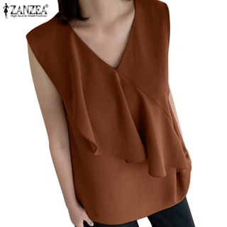 Zanzea Celmia เสื้อเบลาส์ แขนกุด คอวี แต่งระบาย สไตล์ฤดูร้อน สําหรับผู้หญิง