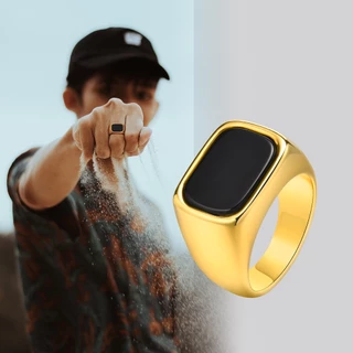 Vnox แหวนแฟชั่นผู้ชาย สเตนเลส ทรงเรขาคณิต สี่เหลี่ยมผืนผ้า สีดํา หินด้านบน ชุบทอง เครื่องประดับผู้ชาย