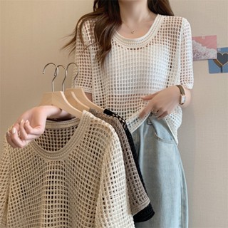 Maze*พร้อมส่ง*เสื้อไหมพรมคอวีknit ต่าข่ายซีทรูเบาๆใส่คลุมบราชิคๆใส่คลุมสายเดี่ยวได้  เก๋ๆ(73178)