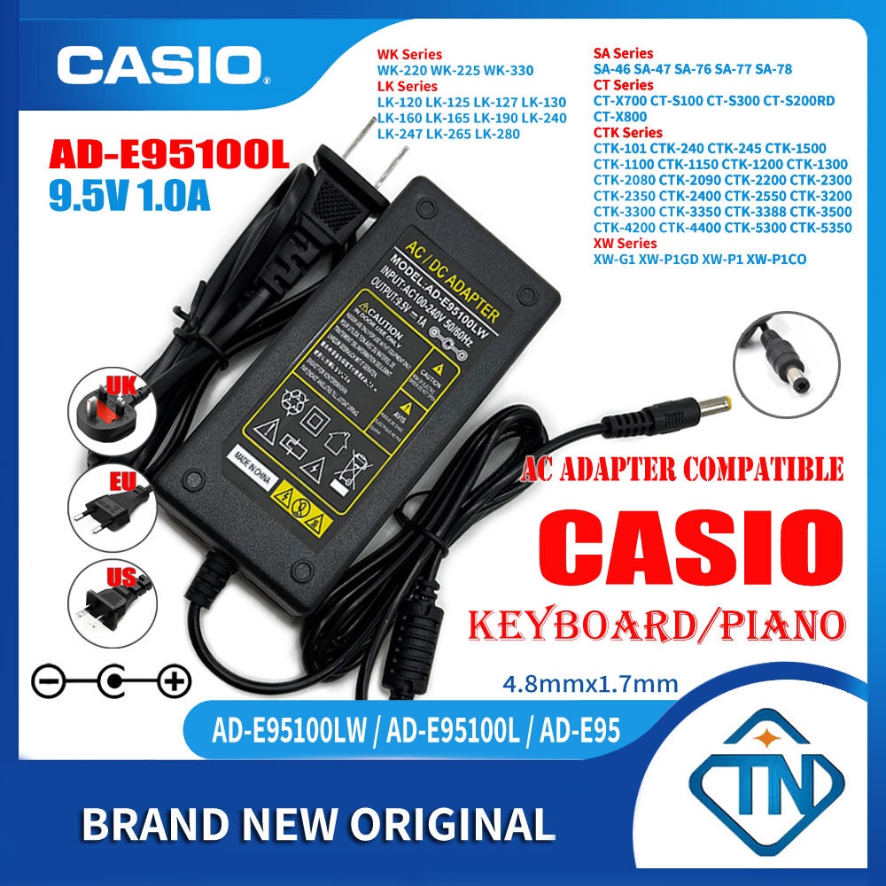 อะแดปเตอร์คีย์บอร์ดเปียโนไฟฟ้า 9.5V 1A AD-E95100L AC DC สําหรับ Casio CT-S100 CT-S200(RD/BK) CT-S300