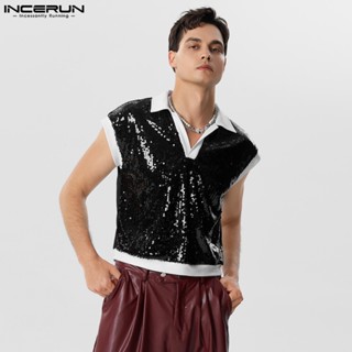 Incerun เสื้อยืดแขนสั้น คอวี สีตัดกัน สีดํา และสีขาว แฟชั่นสําหรับผู้ชาย