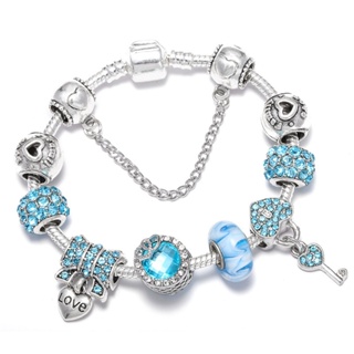 Antique Silver plated Pa Bracelets &amp; Bangles Crystal Heart Charm Beads Bracelet