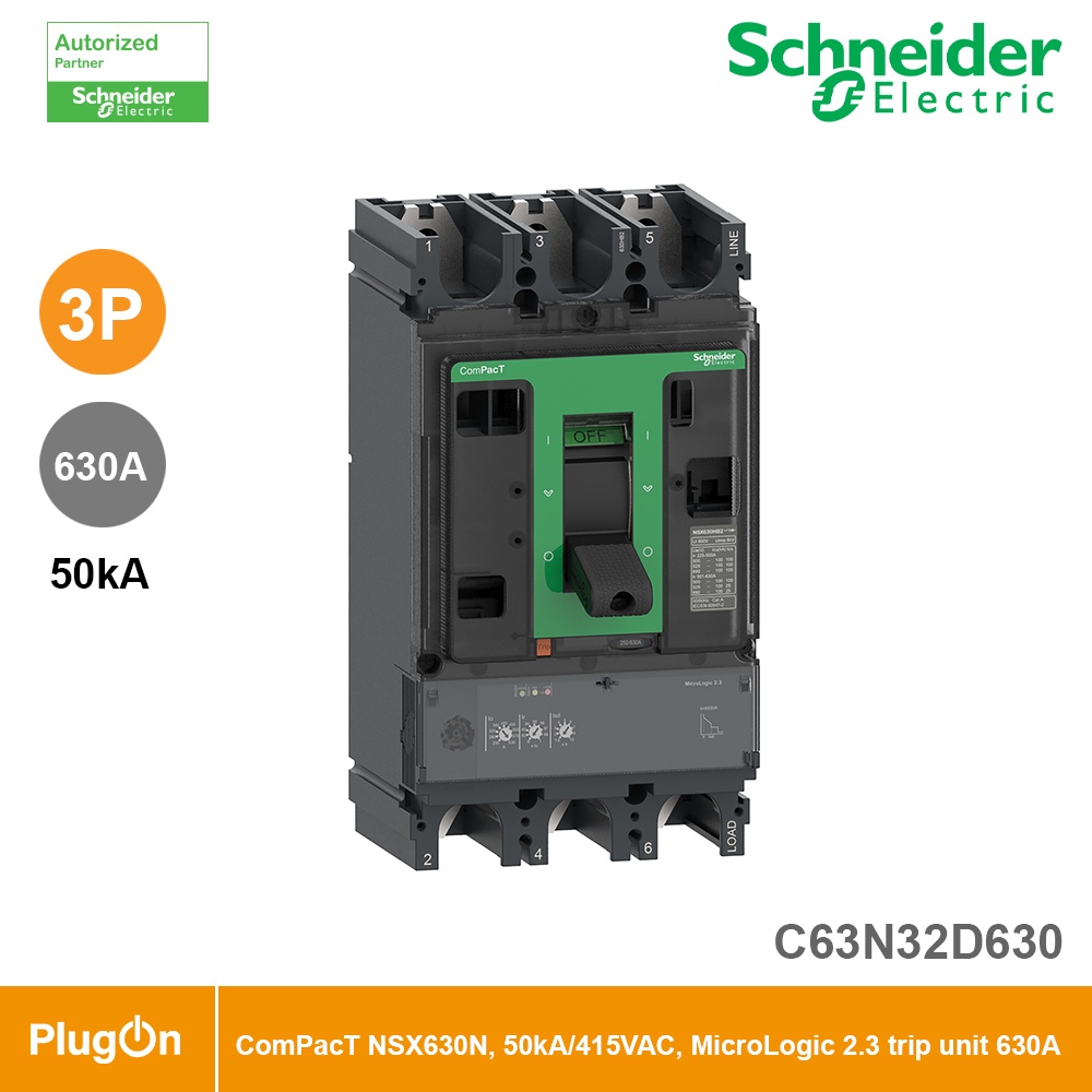 Schneider Circuit breaker ComPact NSX630N, 50kA/415VAC 3P MicroLogic 2.3 trip unit 630A | C63N32D630