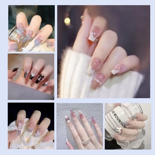 （เครื่องมือให้อาหาร）เล็บแฟชั่น เล็บปลอม ชนิดอะคริลิค สไตล์ฝรั่งเศส สีขาว ชมพู 24 ชิ้น