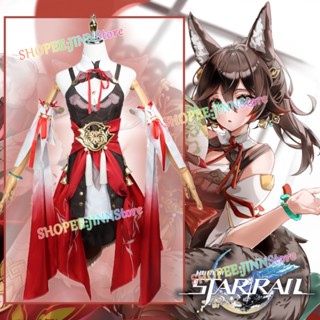 - Jn - Game HONKAI:STAR RAIL เครื่องแต่งกายคอสเพลย์ Tingyun ชุดเดรสสีแดง วิกผมหาง ชุดสาวน่ารัก สไตล์จีน ชุดยูนิฟอร์มอะนิเมะ ปาร์ตี้ ผู้หญิง ชุดคอสเพลย์
