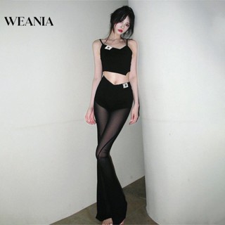 Weania ชุดเสื้อครอปท็อป และกางเกง ผ้าตาข่าย เซ็กซี่ สําหรับผู้หญิง