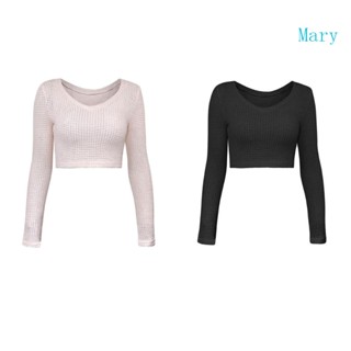 Mary เสื้อครอปท็อปแขนยาว คอวี ผ้าถัก เข้ารูป สีพื้น สําหรับผู้หญิง