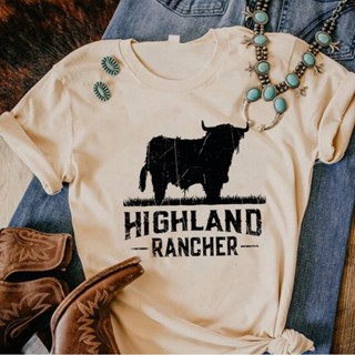 Highland เสื้อยืด พิมพ์ลายกราฟฟิค มังงะ การ์ตูนวัว สําหรับผู้หญิง