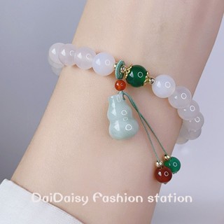 Daidaisy √♥ สร้อยข้อมือ จี้หยกธรรมชาติ สีขาว สไตล์เรโทร สําหรับผู้หญิง