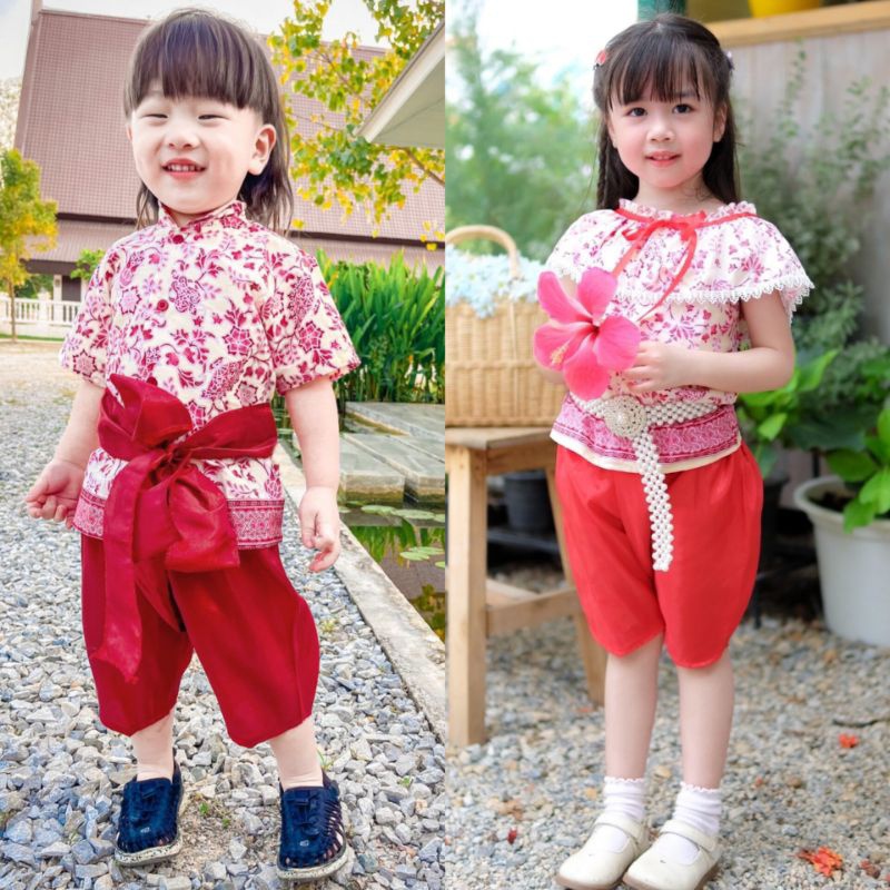 DDS ชุดไทยเด็ก คู่ขวัญ สีแดง ชายหญิงผ้าคอตต้อนใส่สบาย โจงผ้าไหมเทียม