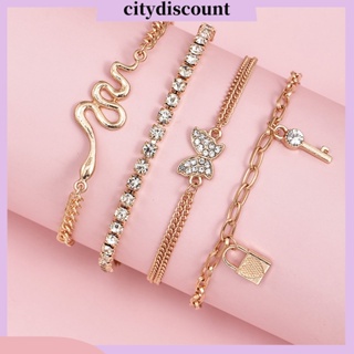 &lt;citydiscount&gt; สร้อยข้อมือโซ่ จี้ผีเสื้อ ประดับพลอยเทียม แวววาว หลายชั้น 4 ชิ้น ต่อชุด