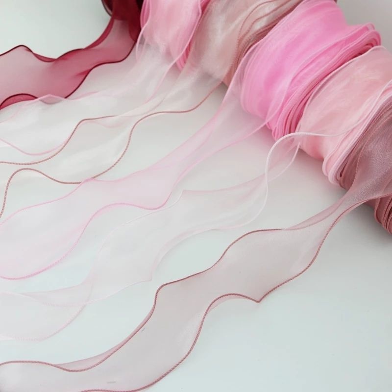 (25 หลา/5 หลา) 55 มม.ผ้าไหมหยัก Organza ริบบิ้น Bowknot วัสดุริบบิ้นผมประดับบรรจุภัณฑ์ของขวัญลูกไม้ตกแต่ง