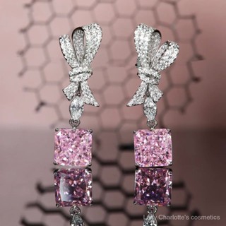 [0705]SDY Cross-Border High-End Jewelry Redean Cutting Earrings Super Flash Pink Diamond Ice Flower Cut Full Diamond Bow EarringsY2K