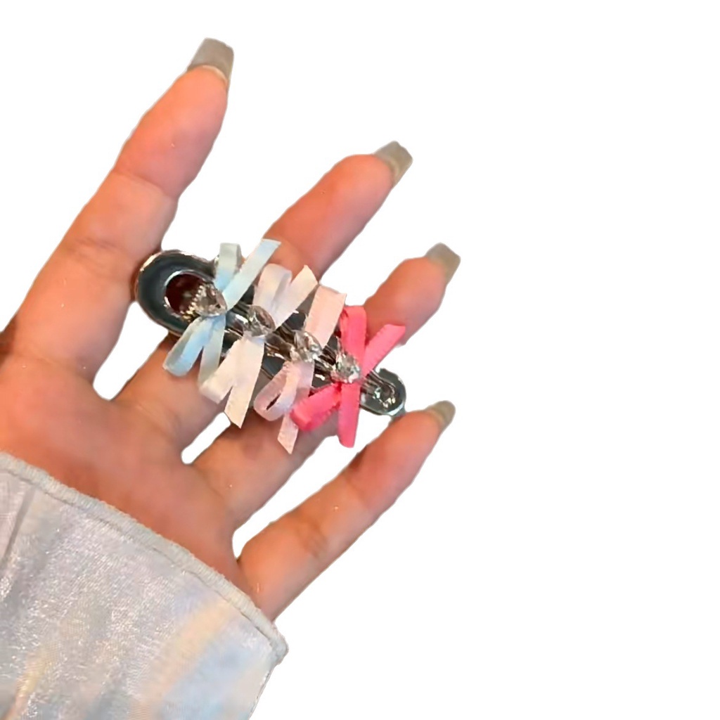 กิ๊บติดผมโลหะ ประดับโบว์ริบบิ้น แต่งพลอยเทียม สีคอนทราสต์ สไตล์เกาหลี สําหรับผู้หญิง 2023 - รูปที่ 3