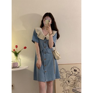 🌷✨denim dress ชุดเดรสยีนส์ ปกขาว แขนสั้น ทรงหลวม แฟชั่นฤดูร้อน สําหรับผู้หญิง