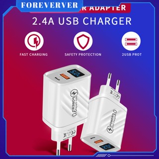 Usb+type-c Digital Display Charger 5v2.4a European Standard American Standard British Standard หัวชาร์จโทรศัพท์มือถือ Pd+usb หัวชาร์จ fore