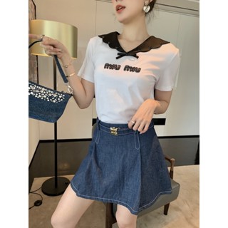 0LE9 MIU MIU 23 spring and summer new college style wave edge beaded letter satin contrast color shawl all-match T-shirt top