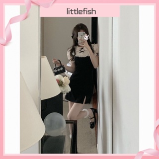 [littlefish] ชุดเดรสกระโปรง แขนพัฟ คอตุ๊กตา ผ่าข้าง ขนาดเล็ก หรูหรา สไตล์ฝรั่งเศส เหมาะกับฤดูร้อน สําหรับเด็กผู้หญิง สองชิ้น