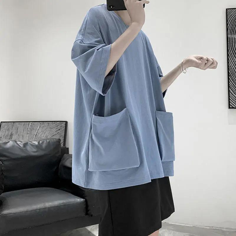 เสื้อยืดคอกลม แขนสั้น มีกระเป๋า สีพื้น สไตล์ญี่ปุ่น แฟชั่นฤดูร้อน สําหรับผู้ชาย และผู้หญิง