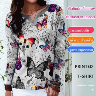 CCC เสื้อยืดหญิงลายดอกไม้คอวีเน็คแบบสวมสบาย