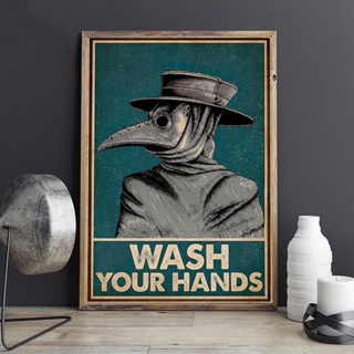 โปสเตอร์ผ้าใบ ลาย Plague Doctor Wash Your Hand Sign สไตล์วินเทจ สําหรับตกแต่งผนังห้องน้ํา 0711