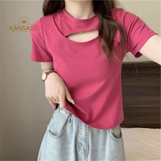 Kans เสื้อยืดคอกลม แขนสั้น สีพื้น แบบโปร่ง แฟชั่นฤดูร้อน สําหรับผู้หญิง TH