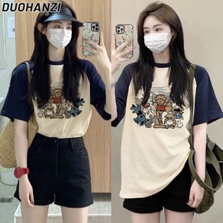 Duohanzi เสื้อยืดคอกลม แขนสั้น ผ้าฝ้าย พิมพ์ลาย เรียบง่าย เข้ากับทุกการแต่งกาย สําหรับผู้หญิง