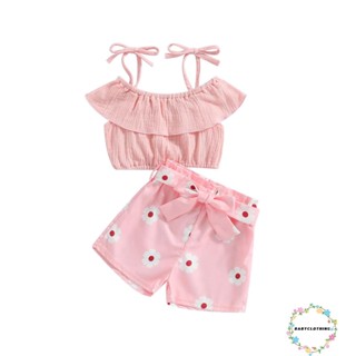 Babyclothes- ชุดเสื้อเปิดไหล่ และกางเกงขาสั้น พิมพ์ลายดอกไม้ ยืดหยุ่น แฟชั่นฤดูร้อน สําหรับเด็กผู้หญิง