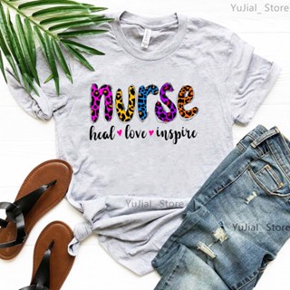 เสื้อยืดลําลอง พิมพ์ลายเสือดาว ตัวอักษร Love Nurse Life สีชมพู สีเทา แฟชั่นฤดูร้อน สไตล์ฮาราจูกุ สําหรับสตรี