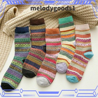 Melodygoods1 ถุงเท้า ผ้าขนสัตว์ ให้ความอบอุ่น สําหรับเดินป่า 5 คู่