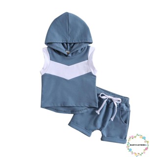 Babyclothes- เสื้อกล้าม มีฮู้ด แขนกุด และกางเกงขาสั้น สีพื้น แฟชั่นฤดูร้อน สําหรับเด็กผู้ชาย 2 ชิ้น