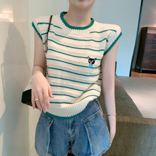 เสื้อกันหนาวแขนกุด ทรงหลวม ลายทาง สีตัดกัน สไตล์สตรีท สําหรับผู้หญิง MC AXOW