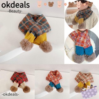 Okdeals ผ้าพันคอ ผ้าถัก ลายสก๊อต ประดับปอมปอม แฟชั่นสําหรับเด็กผู้ชาย และเด็กผู้หญิง