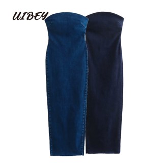 Uibey ชุดเดรสคาวบอย สีพื้น แฟชั่น 7543