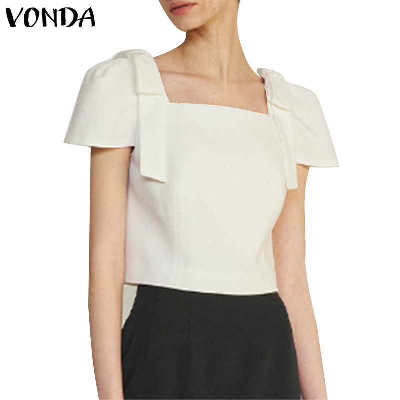 Vonda เสื้อเชิ้ตแขนสั้น คอสี่เหลี่ยม สีพื้น สไตล์เกาหลี สําหรับผู้หญิง