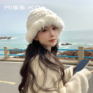 Misskoi [พร้อมส่ง] หมวกบักเก็ต ผ้าวูลถัก ขนกระต่าย ขนฟู หัวใหญ่ สีขาว แฟชั่นฤดูใบไม้ร่วง ฤดูหนาว สําหรับผู้หญิง