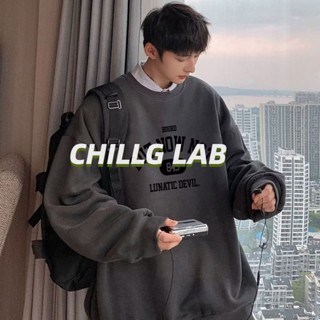 CHILLG LAB เสื้อสเวตเตอร์พิมพ์ลายตัวอักษรสไตล์ฮ่องกงอินเทรนด์แขนยาวเสื้อยืดคู่รักเข้าได้หลายชุดลำลองหลวมๆ