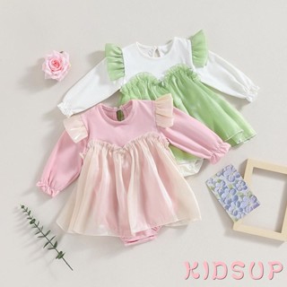 Kidsup1- ชุดรอมเปอร์ แขนยาว แต่งระบาย สีตัดกัน สไตล์เจ้าหญิง ฤดูใบไม้ร่วง สําหรับเด็กผู้หญิง